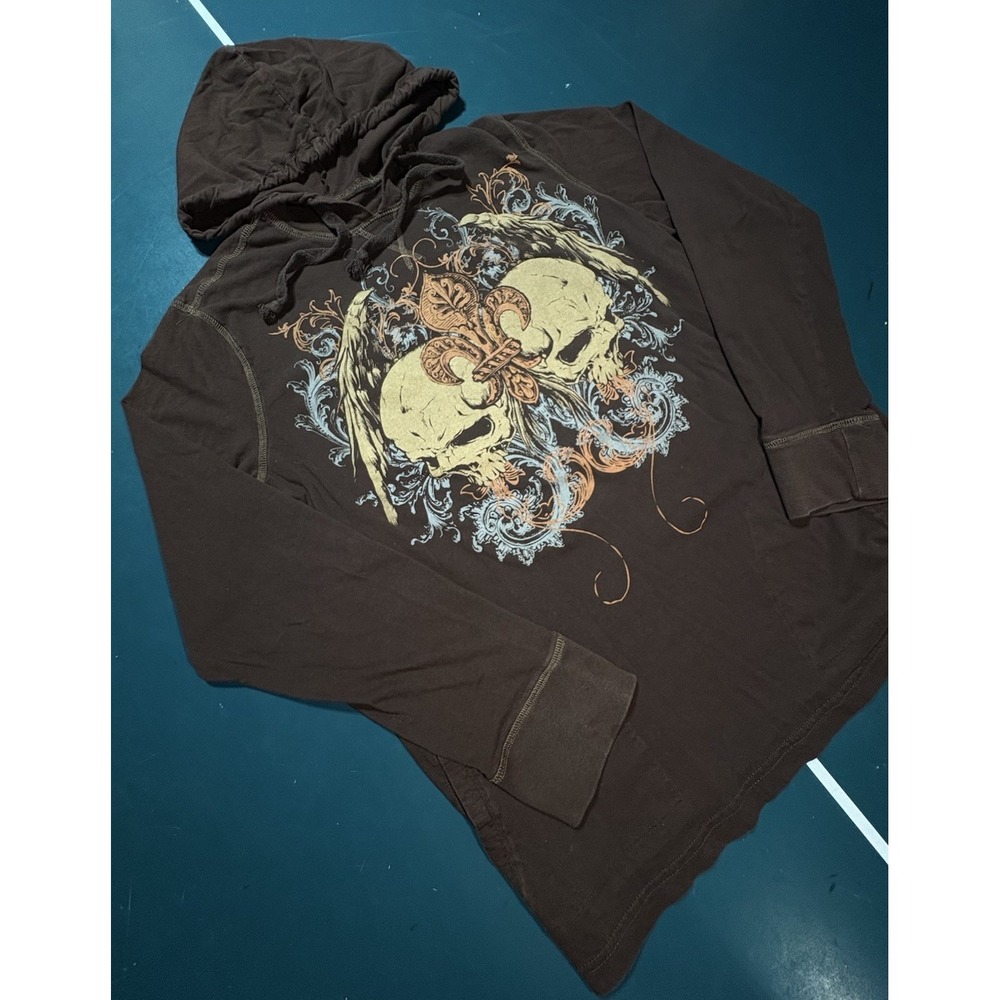 Y2K No Boundaries Hoodie Mens M Cross Skulls Dark Brown Grunge Skater Wings - Picture 5 of 9